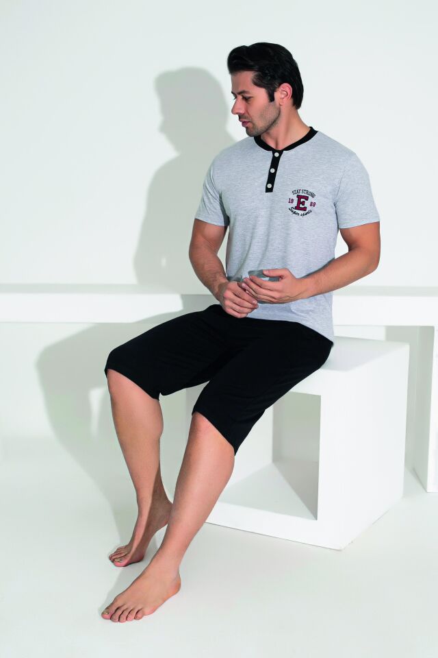 Erkek Yazlık Armalı Kısa Kollu Düğmeli Kaprili Penye Pijama Takımı M - Gri