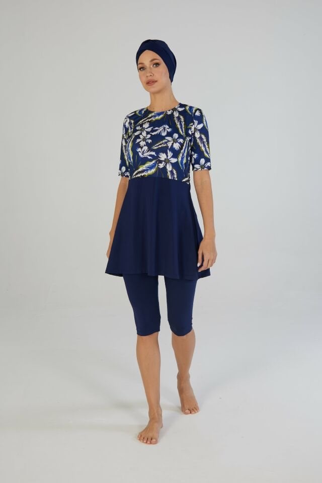 Estiva Kadın Boneli Yarım Kol Çiçek Desenli Taytlı Mayo Lacivert