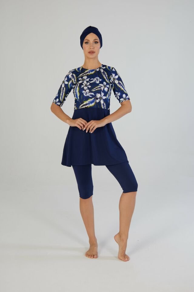 Estiva Kadın Boneli Yarım Kol Çiçek Desenli Taytlı Mayo Lacivert