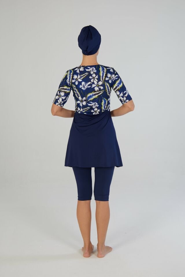 Estiva Kadın Boneli Yarım Kol Çiçek Desenli Taytlı Mayo Lacivert