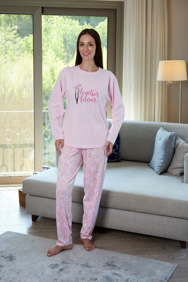 Estiva Kadın Çiçek Desenli Pembe Penye Lycra Pijama Takımı