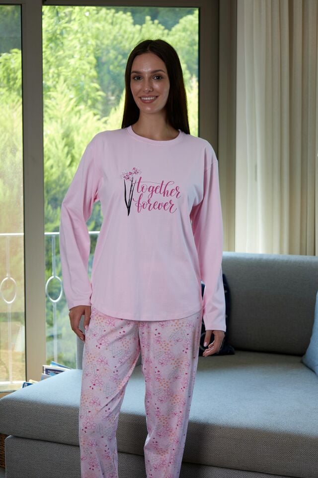 Estiva Kadın Çiçek Desenli Pembe Penye Lycra Pijama Takımı alternatif görsel