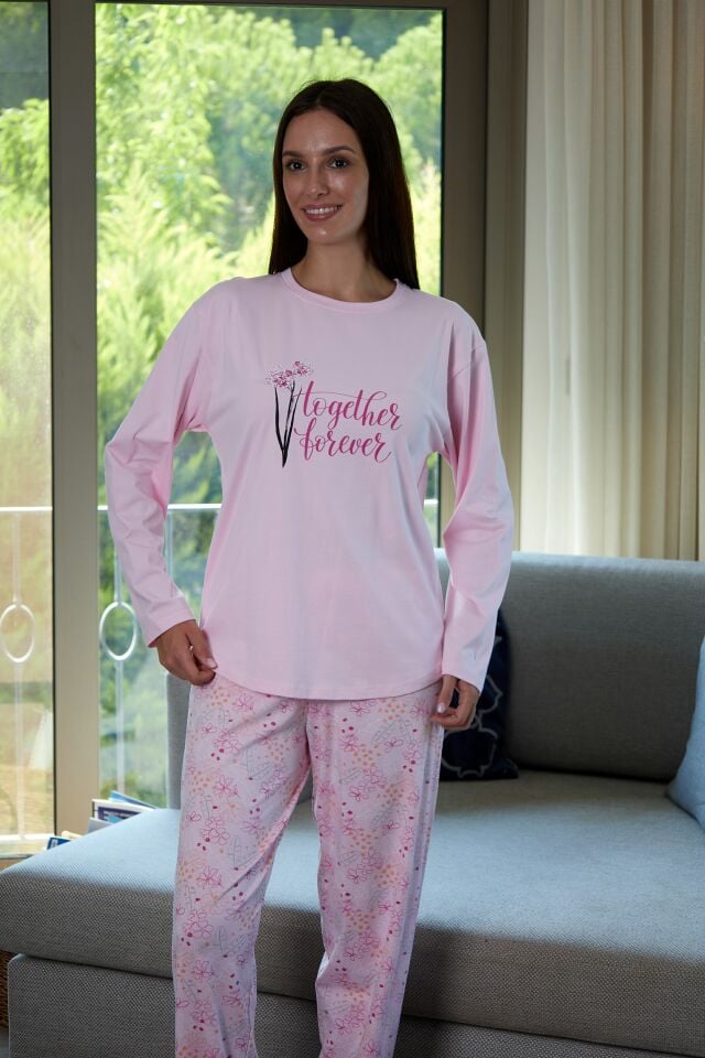 Estiva Kadın Çiçek Desenli Pembe Penye Lycra Pijama Takımı