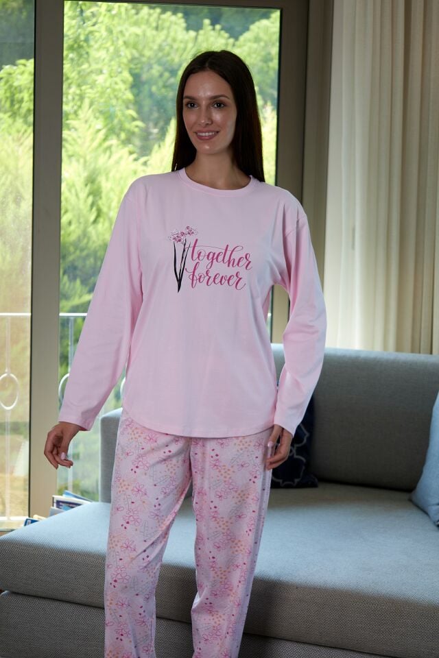 Estiva Kadın Çiçek Desenli Pembe Penye Lycra Pijama Takımı