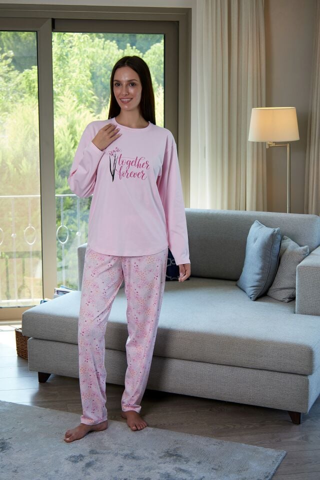 Estiva Kadın Çiçek Desenli Pembe Penye Lycra Pijama Takımı