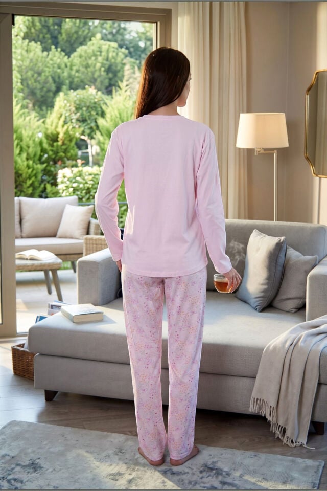Estiva Kadın Çiçek Desenli Pembe Penye Lycra Pijama Takımı