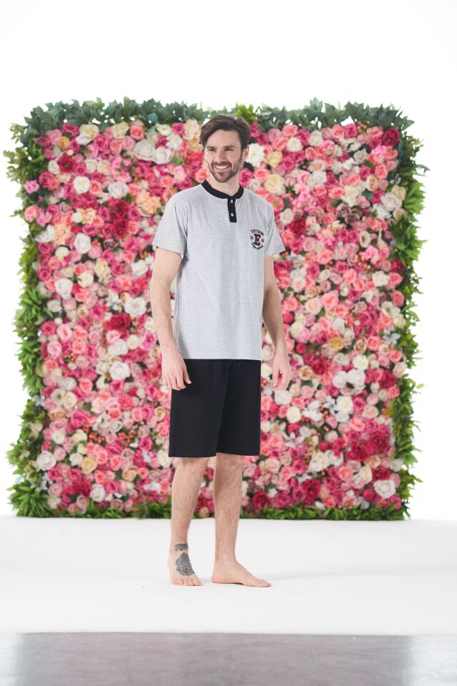 Erkek Yazlık Armalı Kısa Kollu Düğmeli Kaprili Penye Pijama Takımı L - Gri