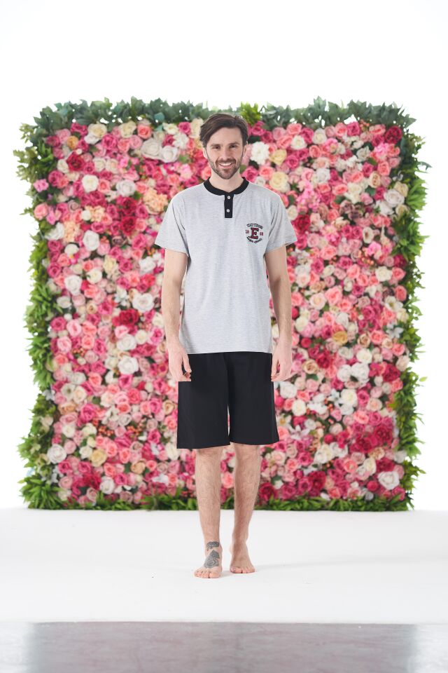 Erkek Yazlık Armalı Kısa Kollu Düğmeli Kaprili Penye Pijama Takımı L - Gri