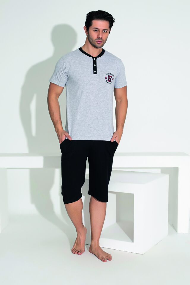 Erkek Yazlık Armalı Kısa Kollu Düğmeli Kaprili Penye Pijama Takımı XL - Gri