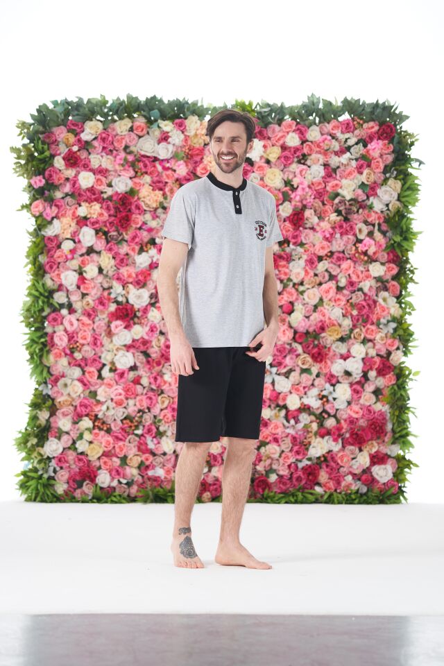 Erkek Yazlık Armalı Kısa Kollu Düğmeli Kaprili Penye Pijama Takımı XL - Gri