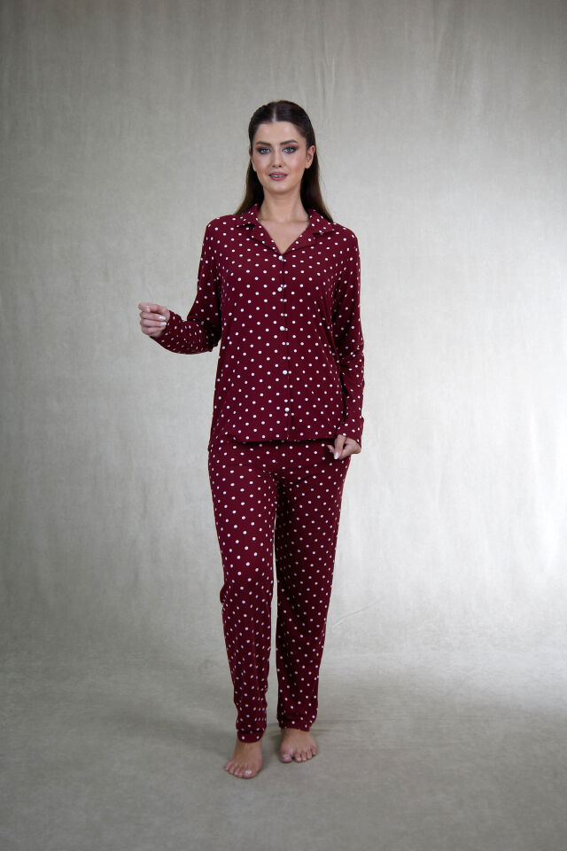 Estiva Kadın Puantiyeli Bordo Önden Düğmeli Soft Pijama Takımı