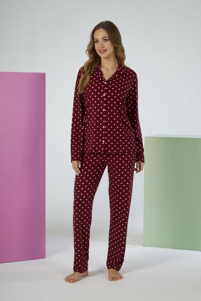 Estiva Kadın Puantiyeli Bordo Önden Düğmeli Soft Pijama Takımı