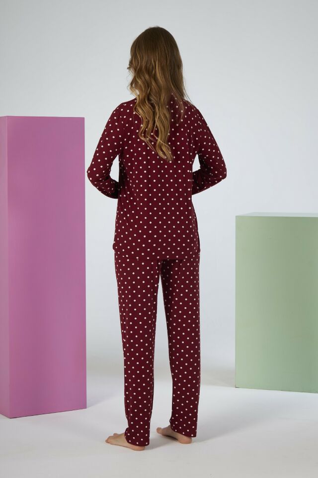 Estiva Kadın Puantiyeli Bordo Önden Düğmeli Soft Pijama Takımı