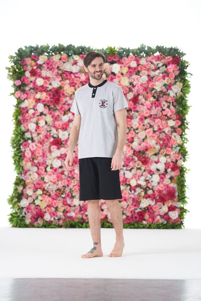 Erkek Yazlık Armalı Kısa Kollu Düğmeli Kaprili Penye Pijama Takımı 2XL - Gri