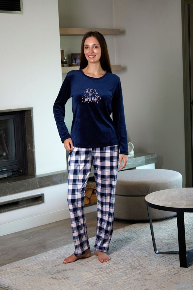 Estiva Kadın Kareli Lacivert Kadife Pijama Takımı alternatif görsel