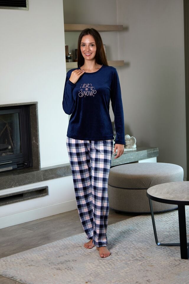 Estiva Kadın Kareli Lacivert Kadife Pijama Takımı