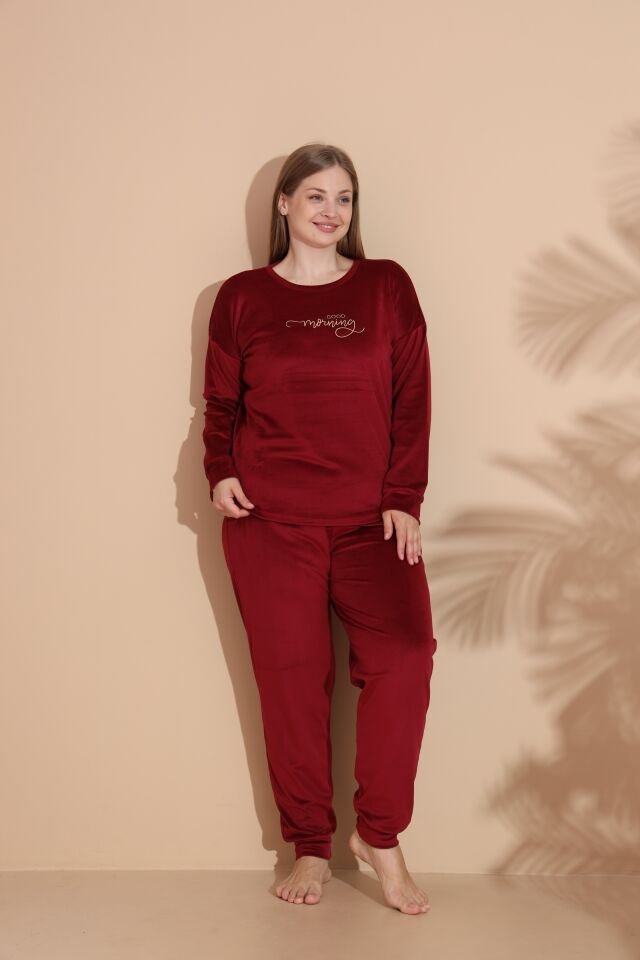 Kadın Kışlık Kadife Battal Pijama Takımı 3XL - Bordo