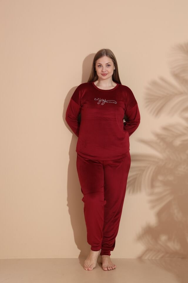 Kadın Kışlık Kadife Battal Pijama Takımı 3XL - Bordo