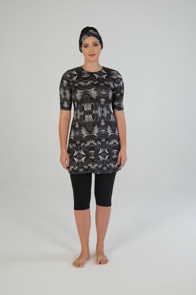 Estiva Kadın Boneli Yarım Kol Geometrik Desenli Taytlı Mayo Siyah