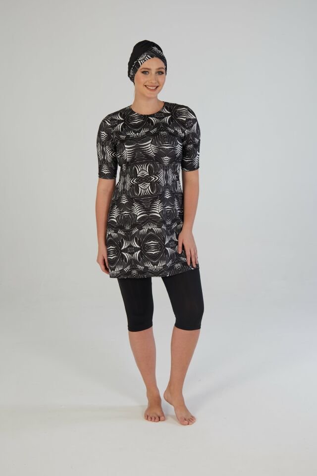 Estiva Kadın Boneli Yarım Kol Geometrik Desenli Taytlı Mayo Siyah