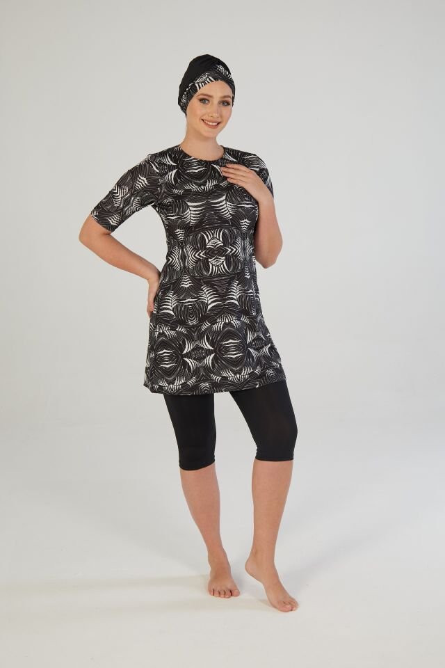 Estiva Kadın Boneli Yarım Kol Geometrik Desenli Taytlı Mayo Siyah