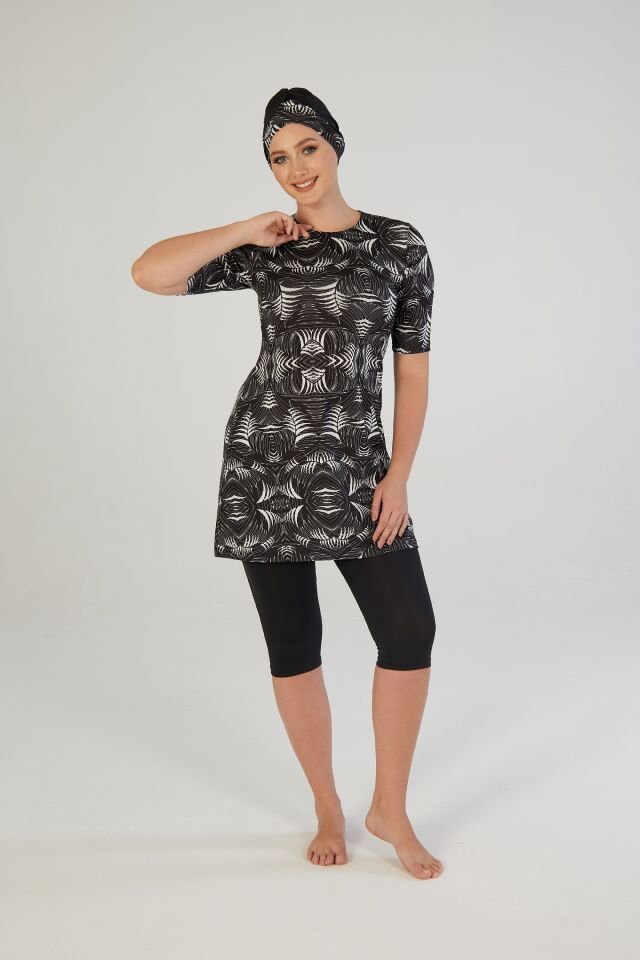 Estiva Kadın Boneli Yarım Kol Geometrik Desenli Taytlı Mayo Siyah