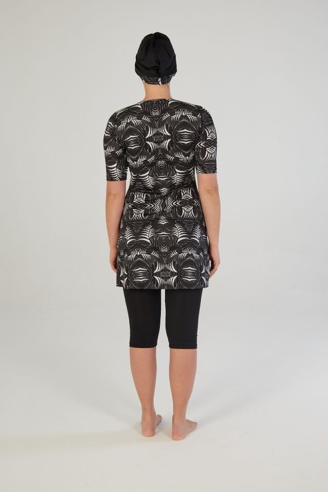 Estiva Kadın Boneli Yarım Kol Geometrik Desenli Taytlı Mayo Siyah