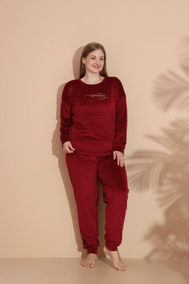 Kadın Kışlık Kadife Battal Pijama Takımı 4XL - Bordo