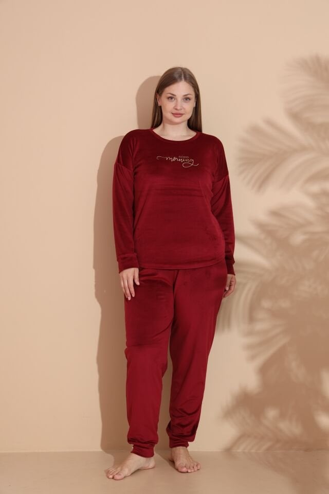 Kadın Kışlık Kadife Battal Pijama Takımı 4XL - Bordo