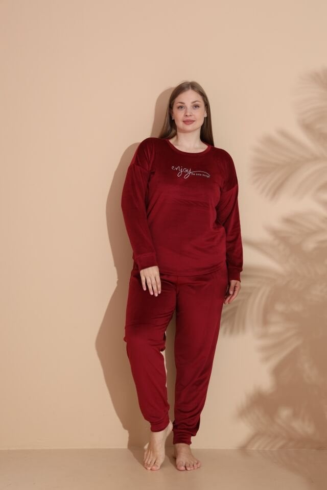 Kadın Kışlık Kadife Battal Pijama Takımı 4XL - Bordo