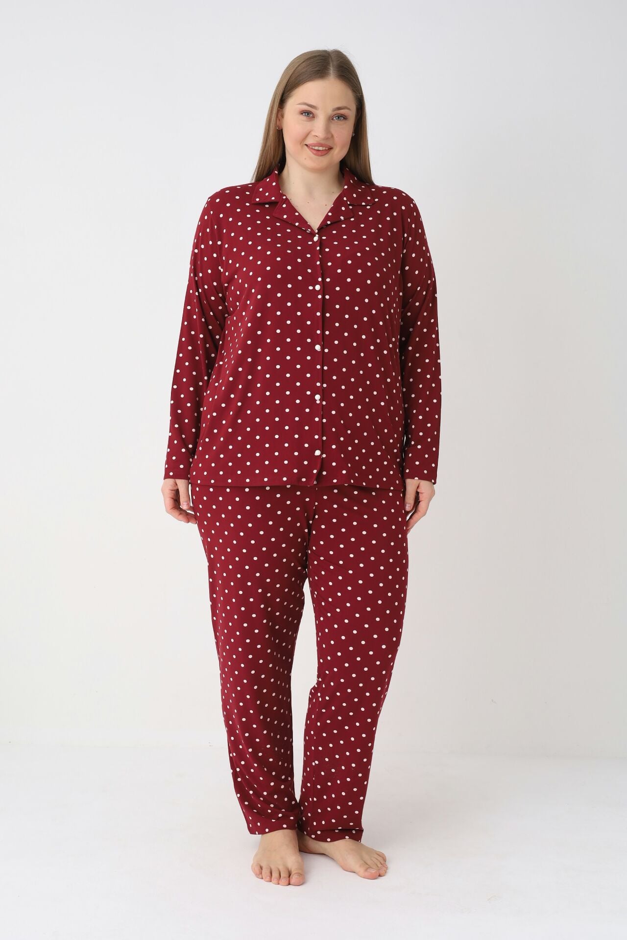 Estiva Kadın Puantiyeli Bordo Önden Düğmeli Soft Battal Pijama Takımı