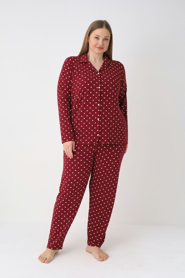 Estiva Kadın Puantiyeli Bordo Önden Düğmeli Soft Battal Pijama Takımı