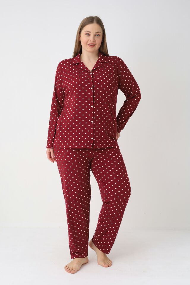 Estiva Kadın Puantiyeli Bordo Önden Düğmeli Soft Battal Pijama Takımı