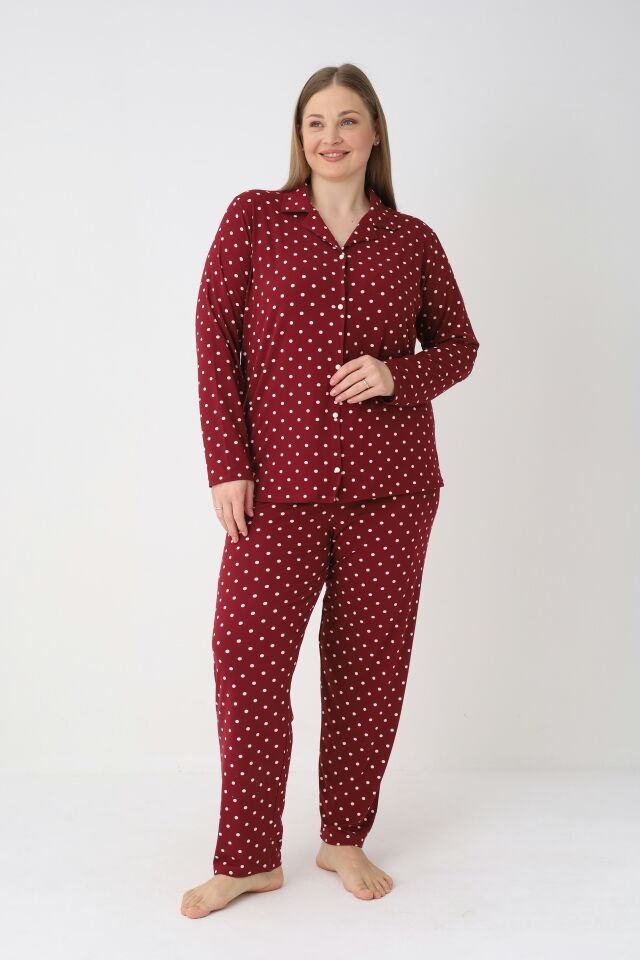 Estiva Kadın Puantiyeli Bordo Önden Düğmeli Soft Battal Pijama Takımı