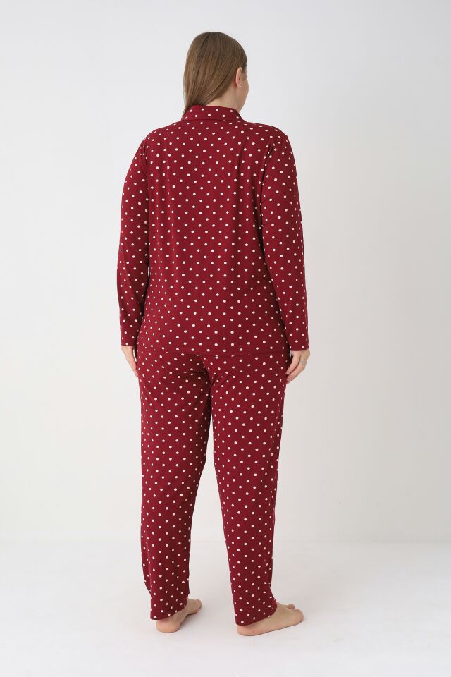 Estiva Kadın Puantiyeli Bordo Önden Düğmeli Soft Battal Pijama Takımı