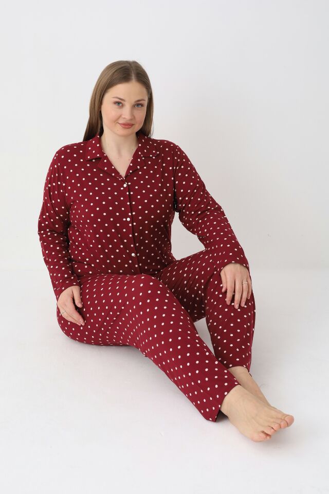 Estiva Kadın Puantiyeli Bordo Önden Düğmeli Soft Battal Pijama Takımı