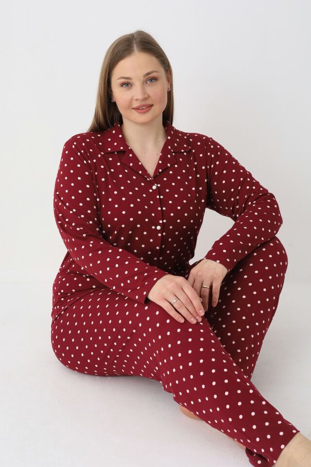 Estiva Kadın Puantiyeli Bordo Önden Düğmeli Soft Battal Pijama Takımı