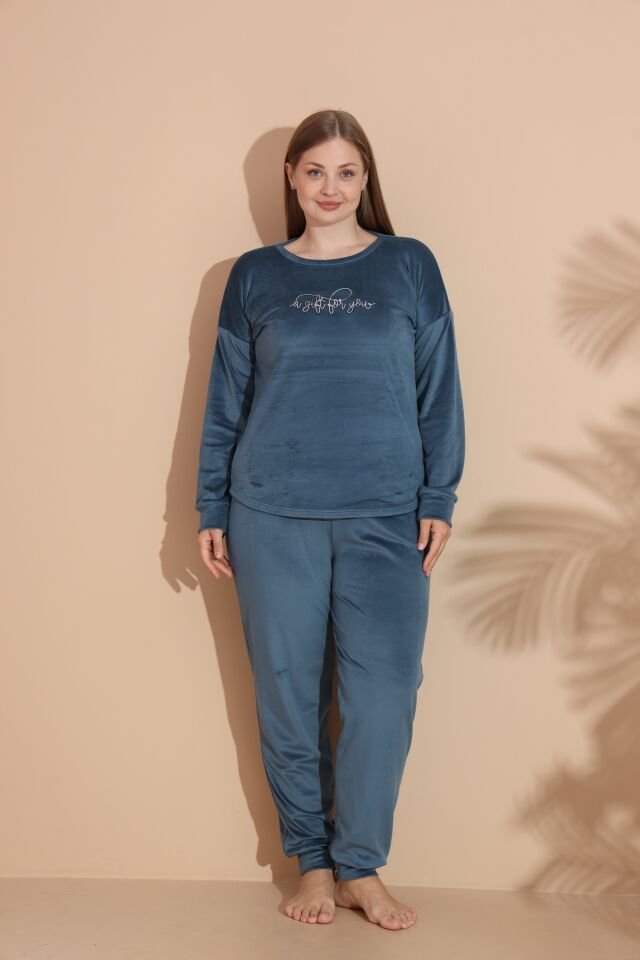 Kadın Kışlık Kadife Battal Pijama Takımı 3XL - PETROL