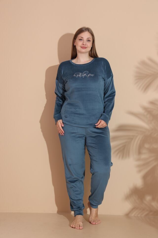 Kadın Kışlık Kadife Battal Pijama Takımı 3XL - PETROL