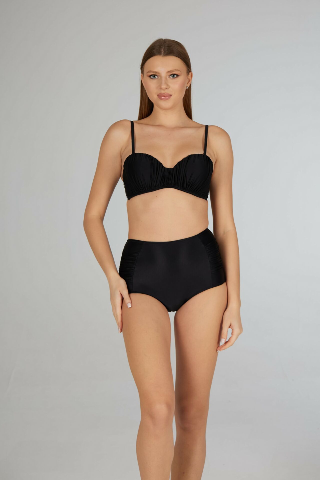 Estiva Drapeli Kaplı Straplez Bikini Takımı - Siyah