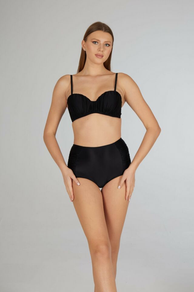 Estiva Drapeli Kaplı Straplez Bikini Takımı - Siyah