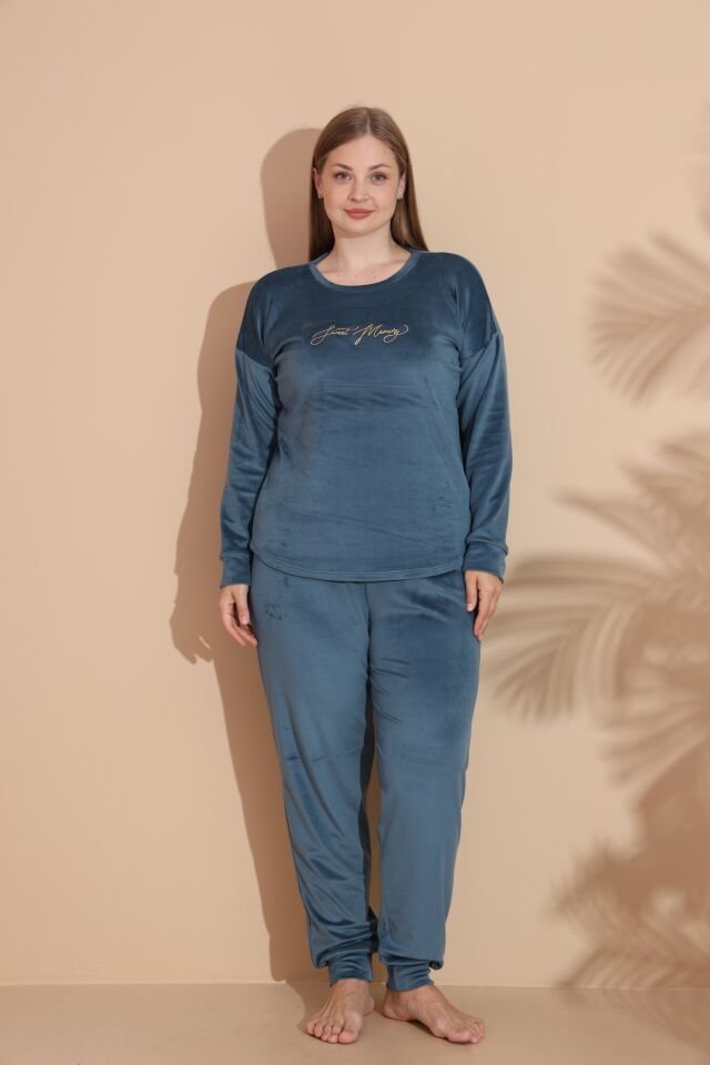 Kadın Kışlık Kadife Battal Pijama Takımı 4XL - PETROL