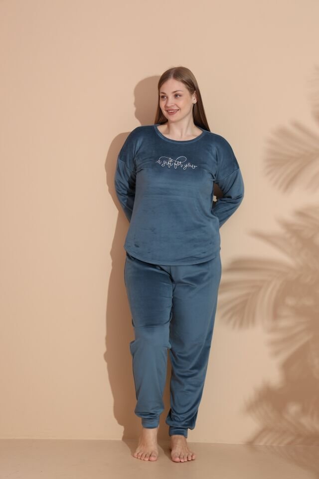 Kadın Kışlık Kadife Battal Pijama Takımı 4XL - PETROL