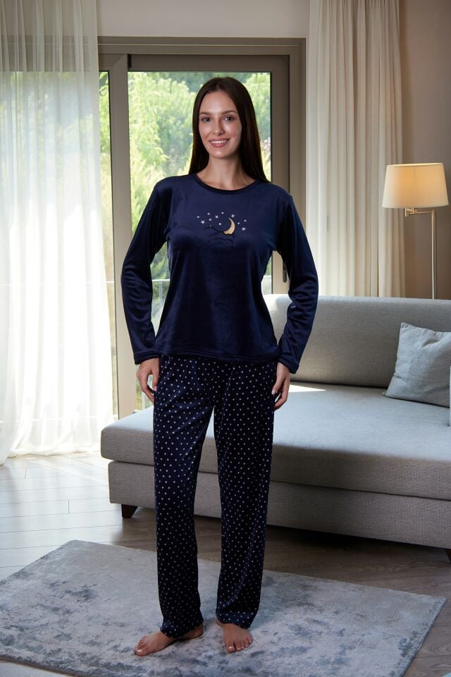 Estiva Kadın Gece Desenli Lacivert Kadife Pijama Takımı alternatif görsel