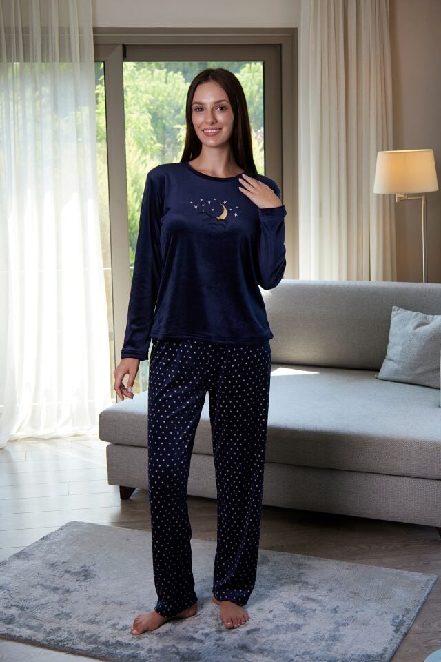 Estiva Kadın Gece Desenli Lacivert Kadife Pijama Takımı
