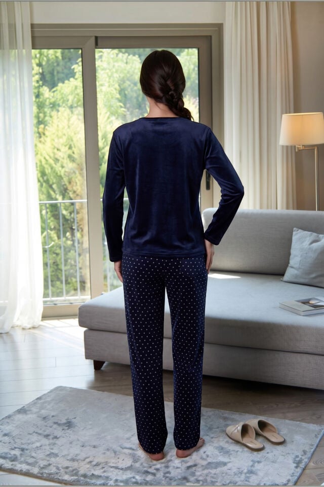 Estiva Kadın Gece Desenli Lacivert Kadife Pijama Takımı