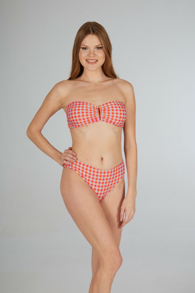 Estiva Kadın Kareli Kırmızı Tokalı Straplez Bikini Takımı