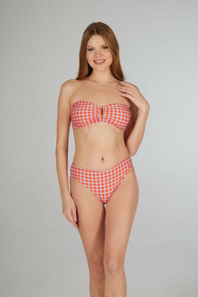 Estiva Kadın Kareli Kırmızı Tokalı Straplez Bikini Takımı