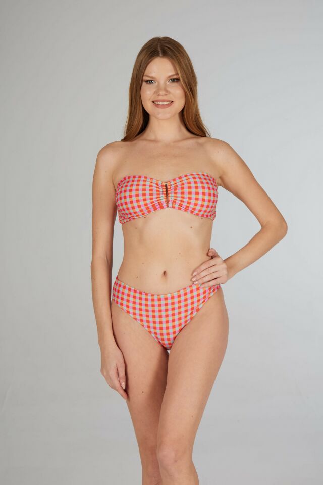 Estiva Kadın Kareli Kırmızı Tokalı Straplez Bikini Takımı