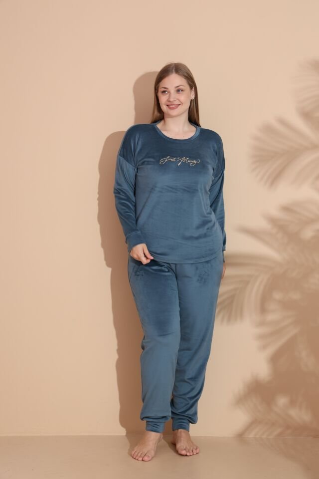 Kadın Kışlık Kadife Battal Pijama Takımı 5XL - PETROL